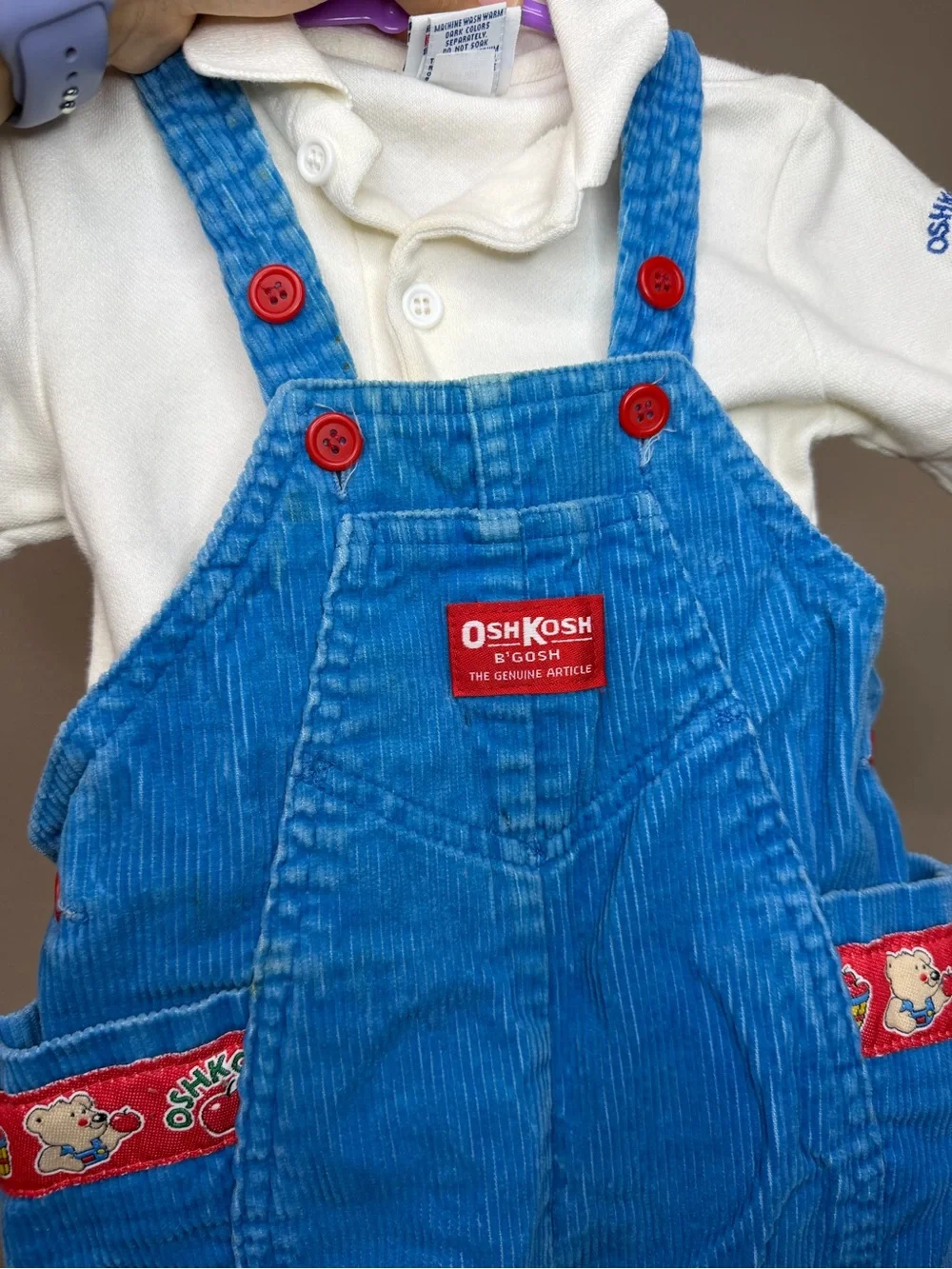 OshKosh B'gosh Bright Blue Corduroy Overalls with Red Accents (Read Description)